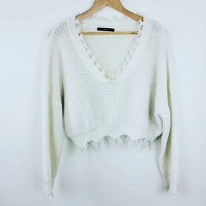 ZAFUL | White Fringe Long Sleeve Sweater Crop Large